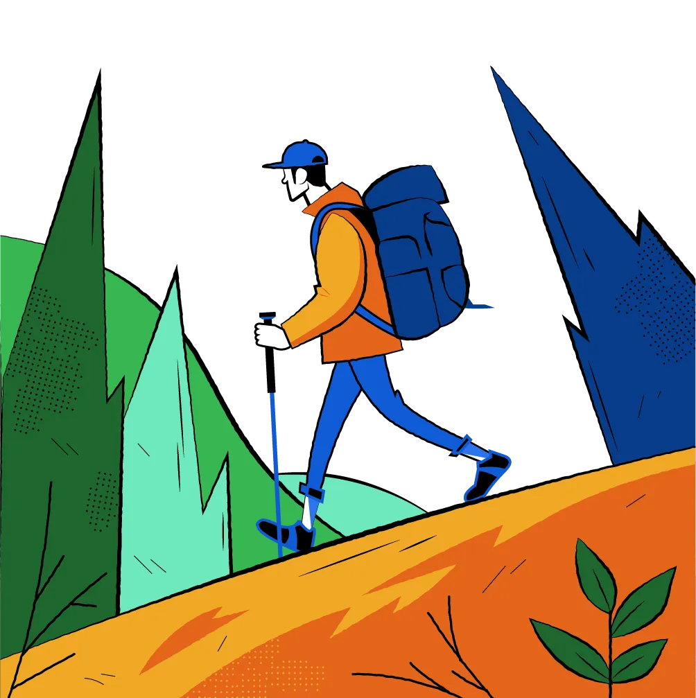 Cartoon character walking down a mountain path