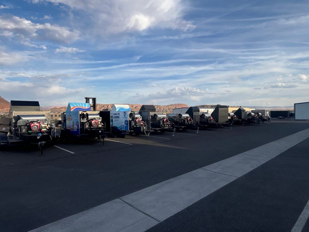Bin cleaning trailers lined up on the GCC lot